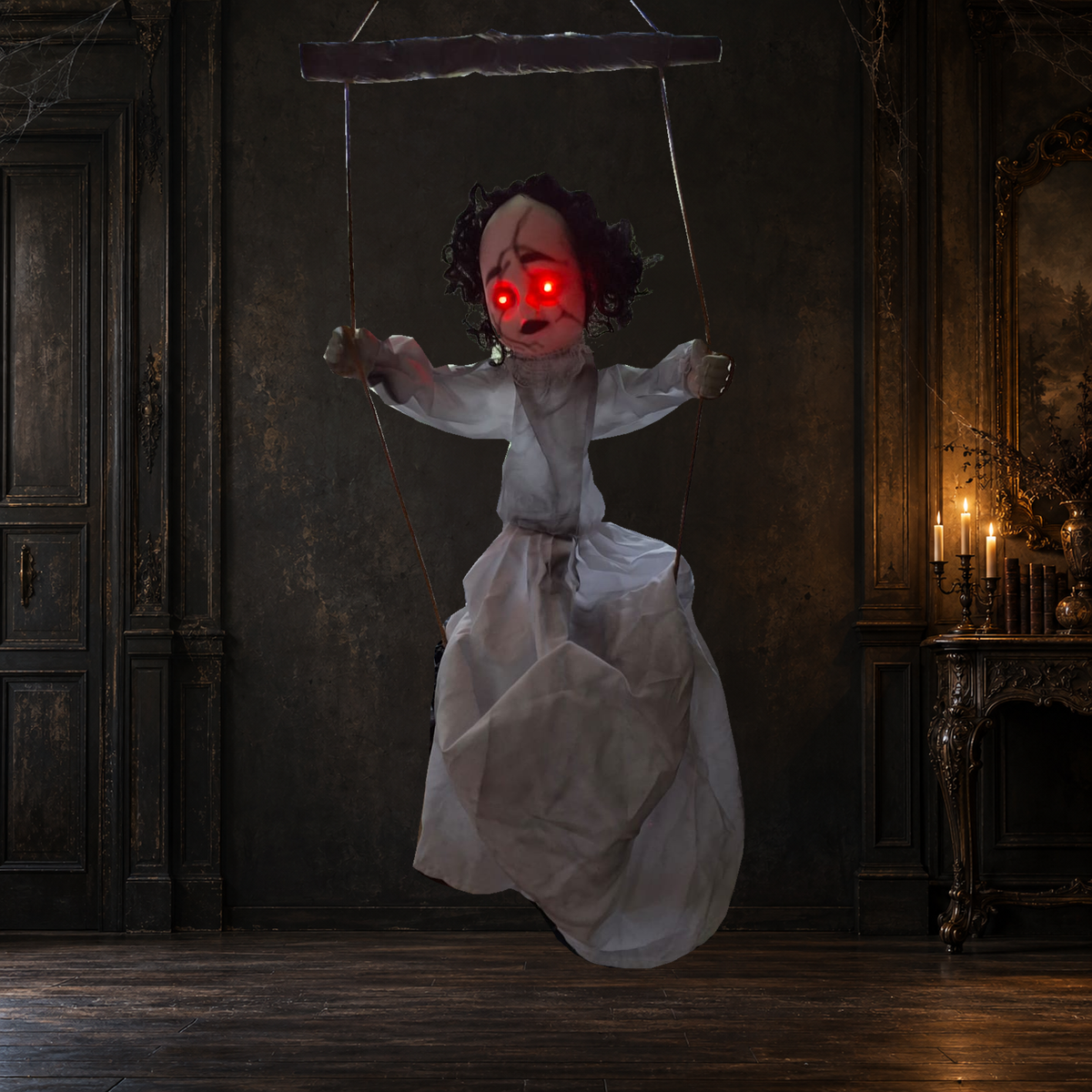 Swing by After Dark actual doll with illuminated red eyes, composited into an illustrative spooky indoor setting. Doll, dress, rope and captured eye brightness preserved; room props are not included.
