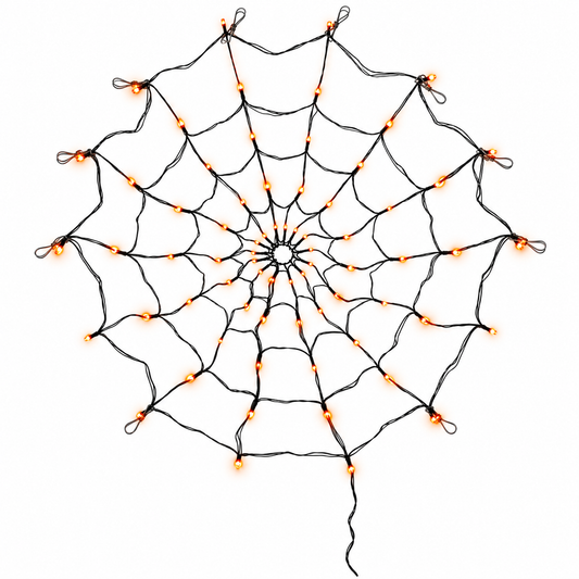 AI-edited actual product photo of Tangled After Dark orange LED spider-web light net on white. Web lights only; detachable spider not included.