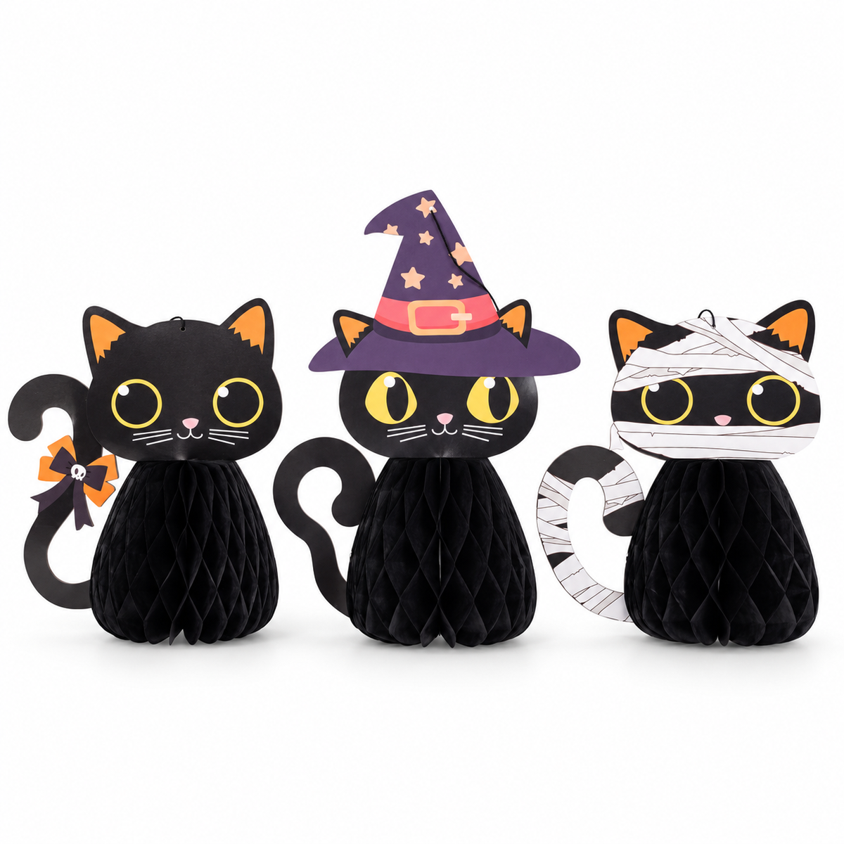 The Black Cat Club on a white background. Three black-cat honeycomb centrepieces: plain, witch-hat and mummy designs. Existing product illustration.