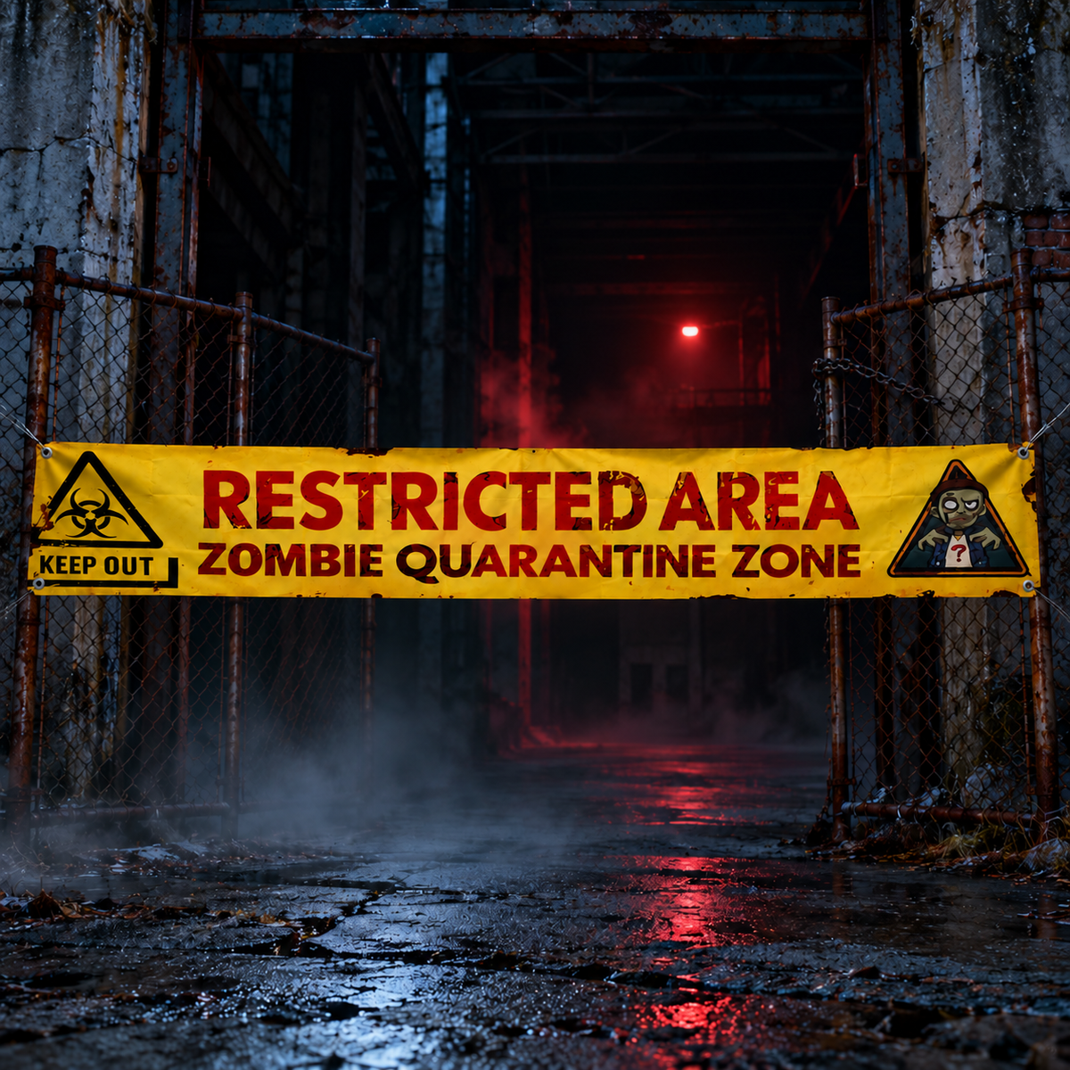 AI-styled scene showing one flat yellow The Dead End Zombie Quarantine novelty banner across a dark warehouse entrance. Decorative use only, not safety signage; surrounding fixtures and props are not included.