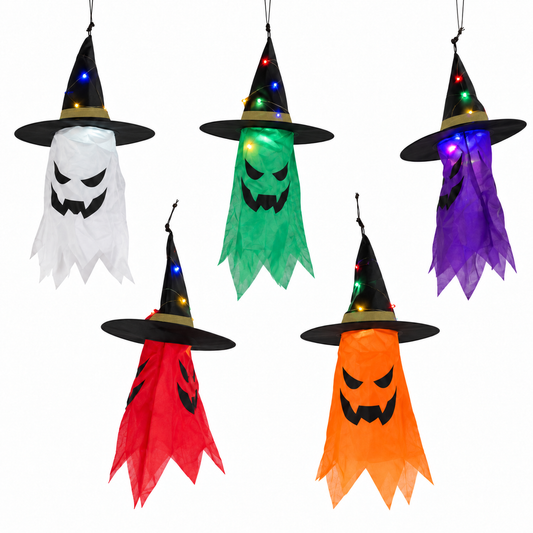 The Glow Coven: five coloured hanging witch-hat lights on white. Product illustration with source-matched tan hat bands; wiring and light output are illustrative.
