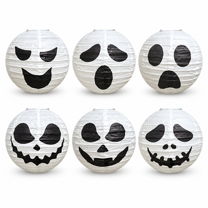 Six distinct white paper Halloween lanterns on white with their support frames fitted; unlit.