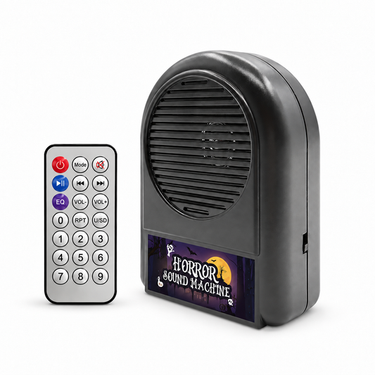One Horror Sound Machine sound unit and its matching 21-button remote on white.