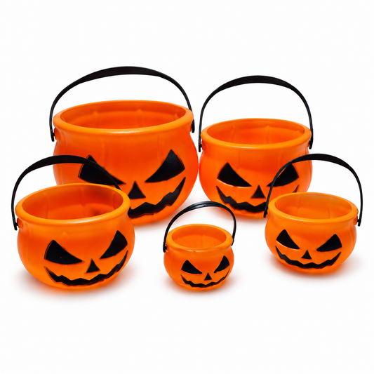 Treat Yourself: five actual pumpkin buckets in graduated sizes, isolated on white; background edited from the owner’s product photograph.