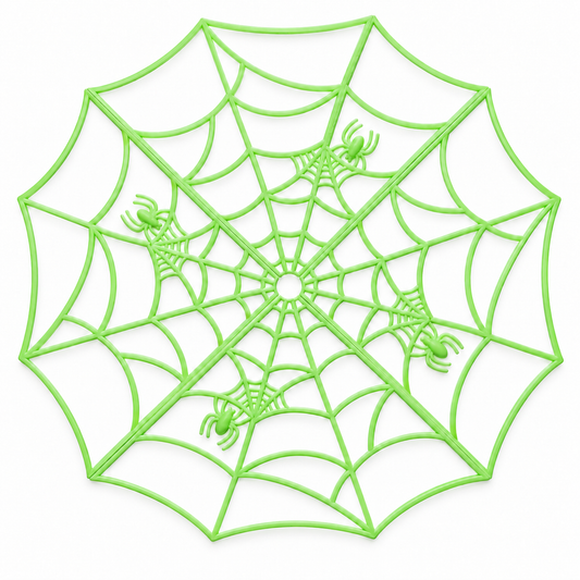 White-background product illustration of Web of Mischief, showing four green molded web sections and four integrated spiders assembled together.