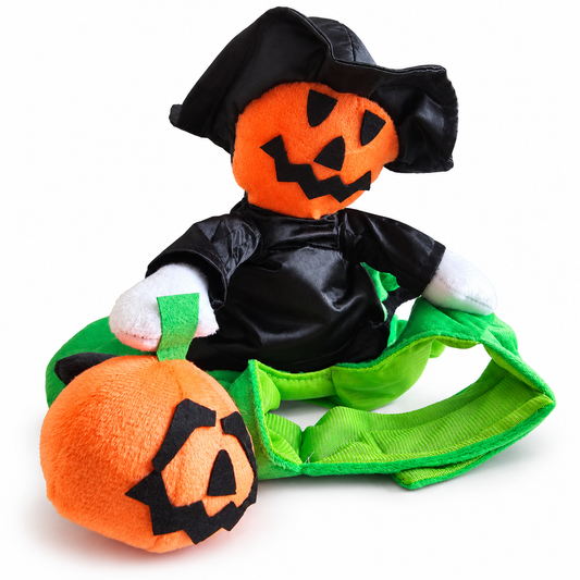 One size L pumpkin-rider dog costume with green harness on white, shown without a dog.